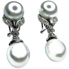 GEMOLITHOS Pair of Button & Pear Shaped Australian Cultured Pearl & Dia Earrings