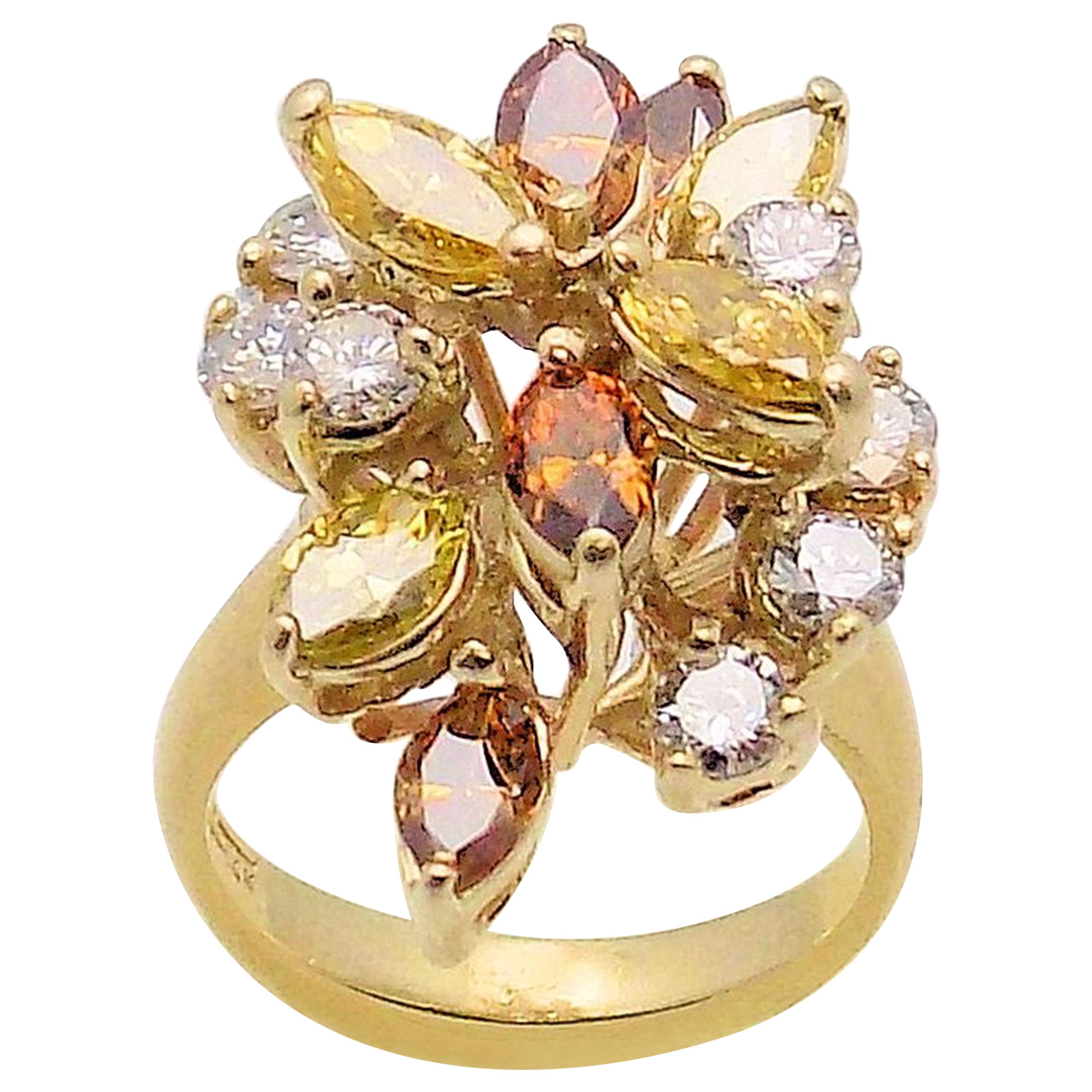 14 Karat Yellow Gold Canary and Cognac Diamond Cocktail Ring For Sale
