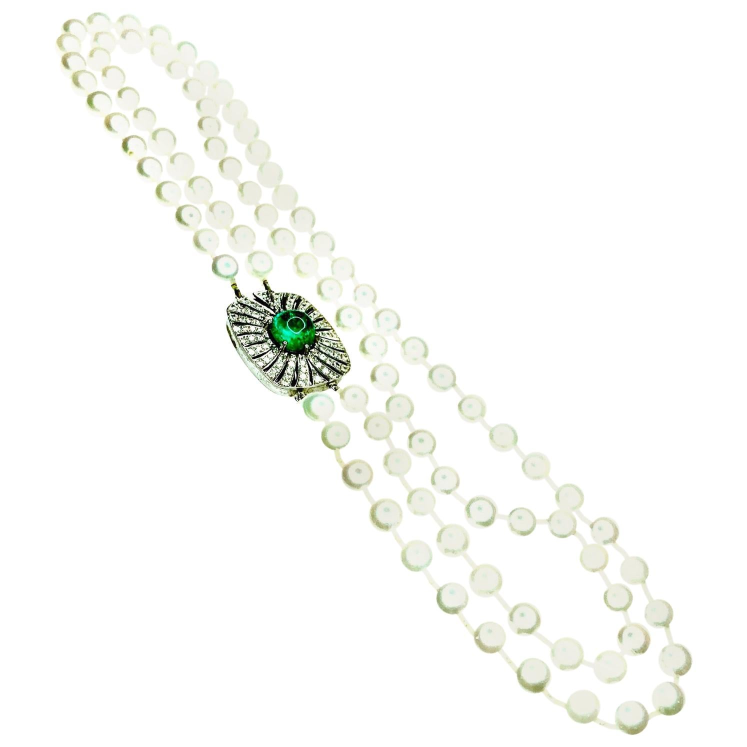 GEMOLITHOS Cabochon Emerald Diamond and Cultured Pearl Necklace For Sale