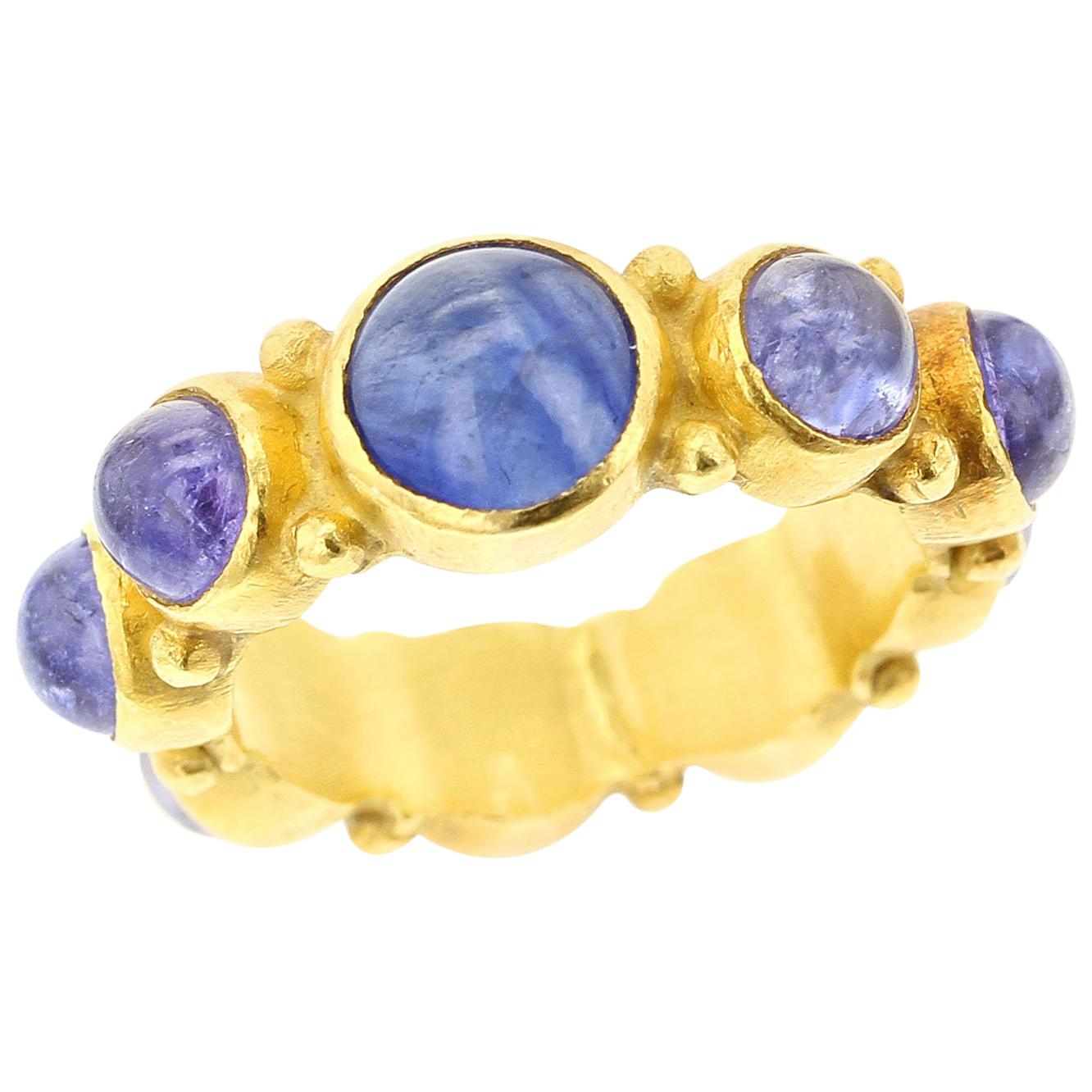 Blue Sapphire Cabochon Eternity Style Ring, 18 Karat Yellow Gold