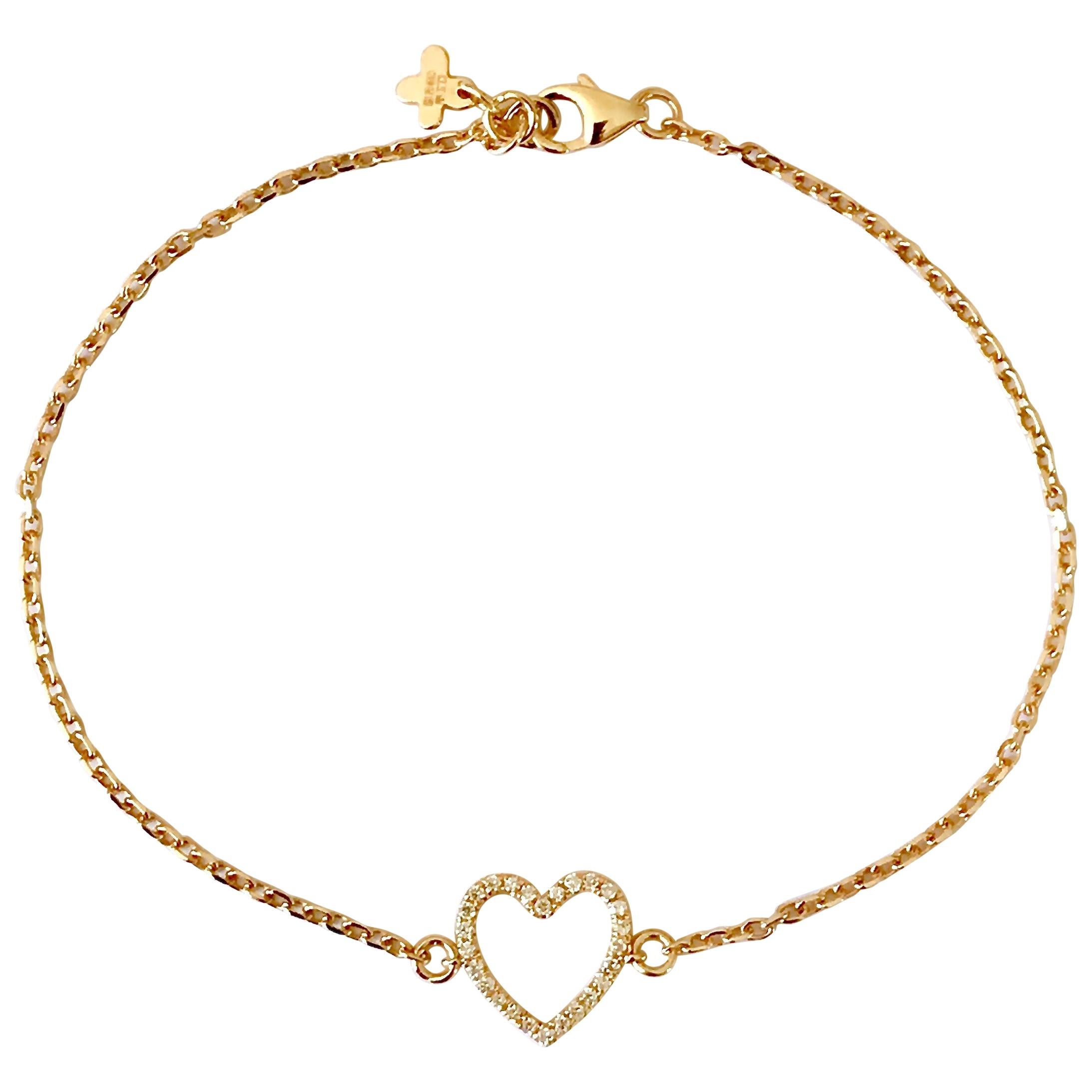 Solid 18Karat Yellow Gold Diamond Heart Chain Bracelet Bangle For Sale