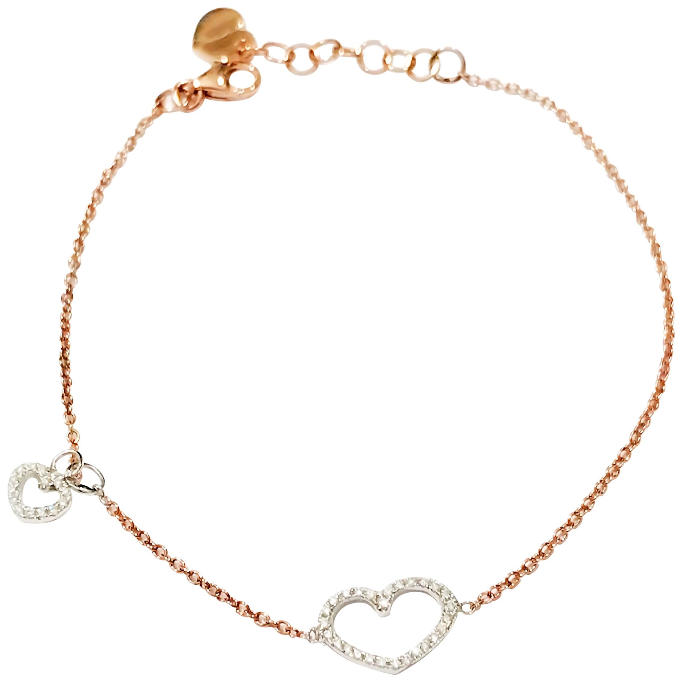 18 Karat Gold Charm Chain Diamond Heart Bracelet Bangle For Sale