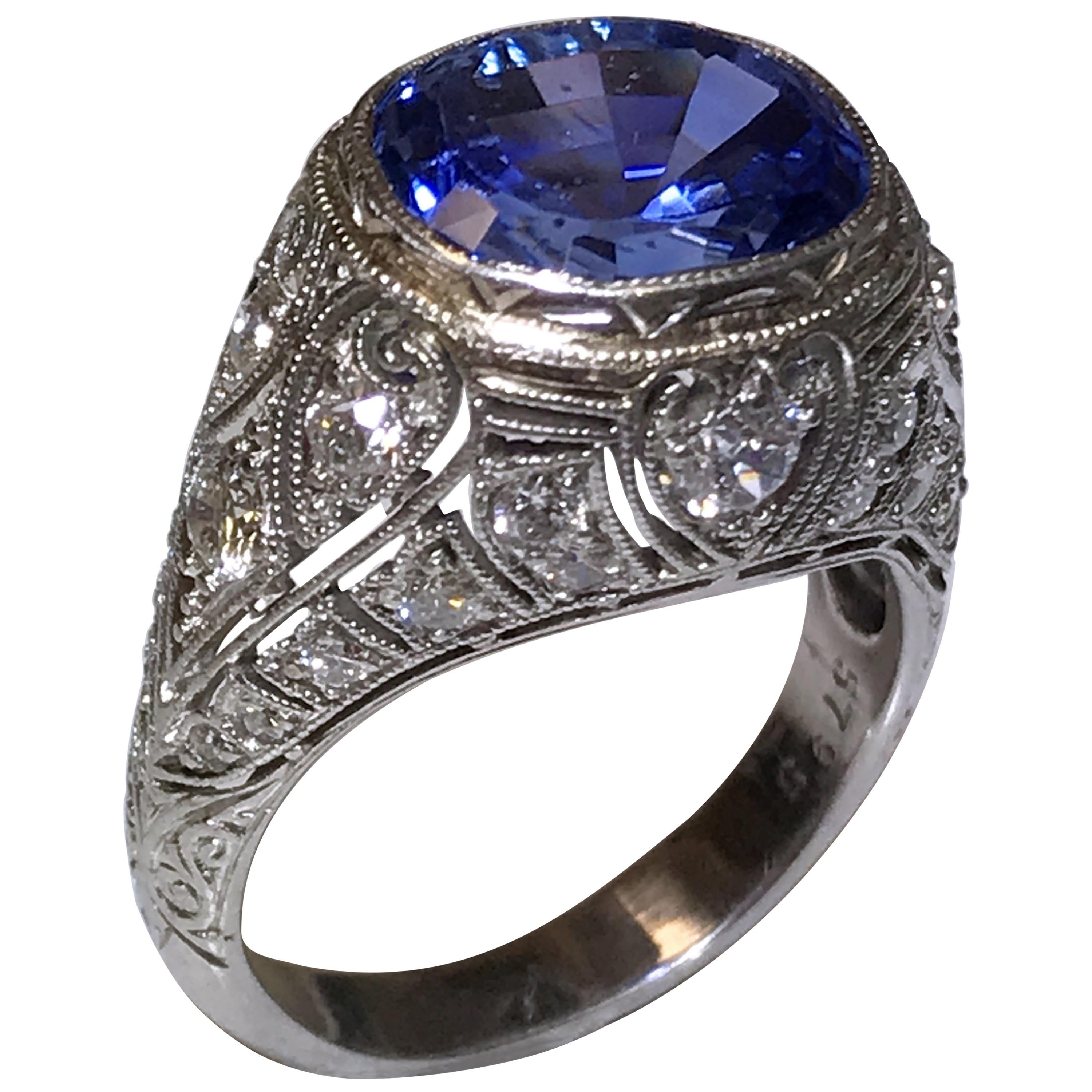 Platinum Art Deco Sapphire and Diamond Ring For Sale