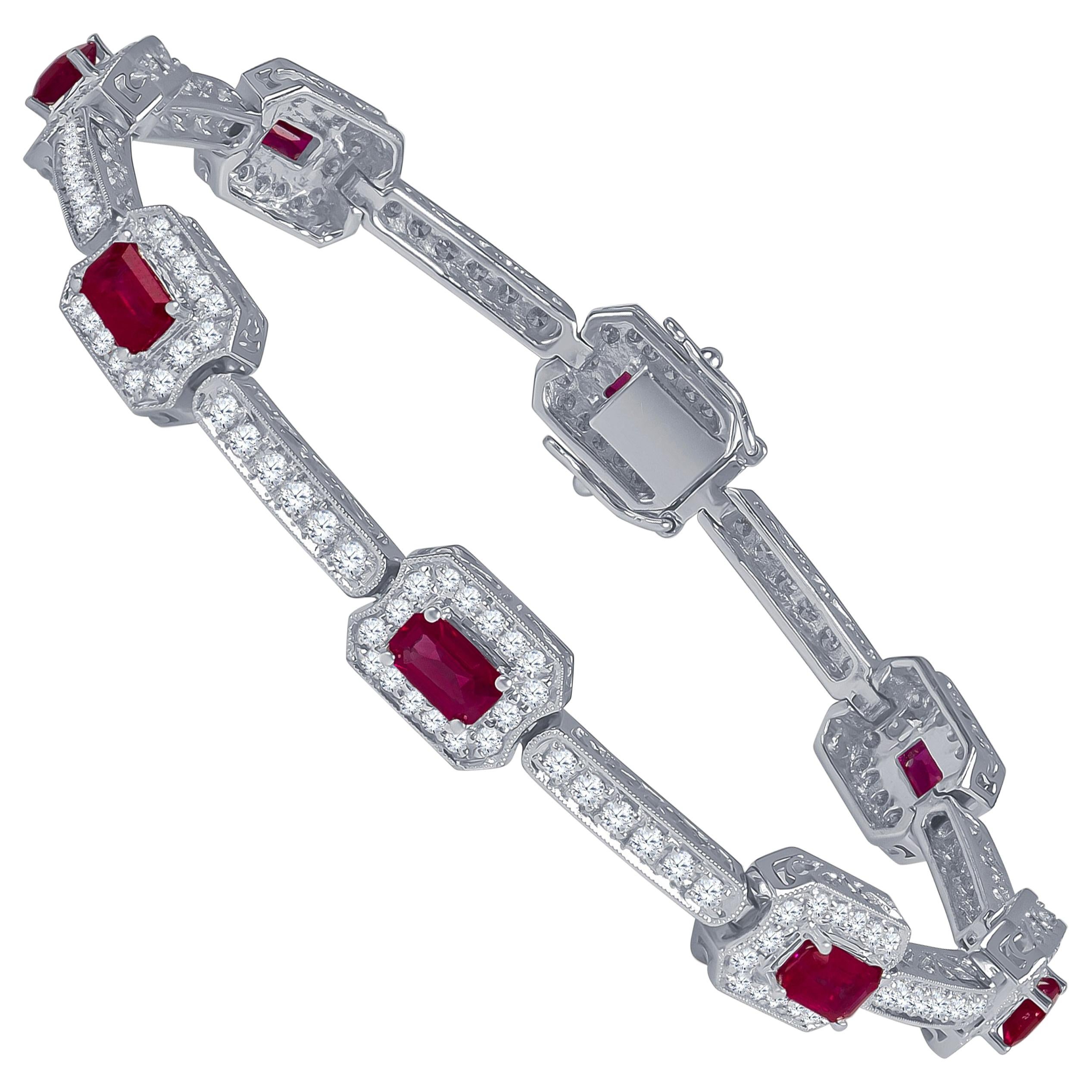 4.82 Carat Total Weight Emerald Cut Rubies Bracelet with 2.21 Carat Diamonds