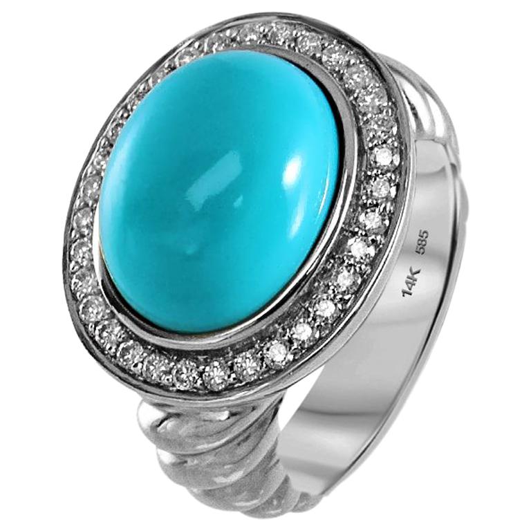 Oval Turquoise and Diamond Ring Pave Set of 14 Karat White Gold Cocktail Fashion For Sale