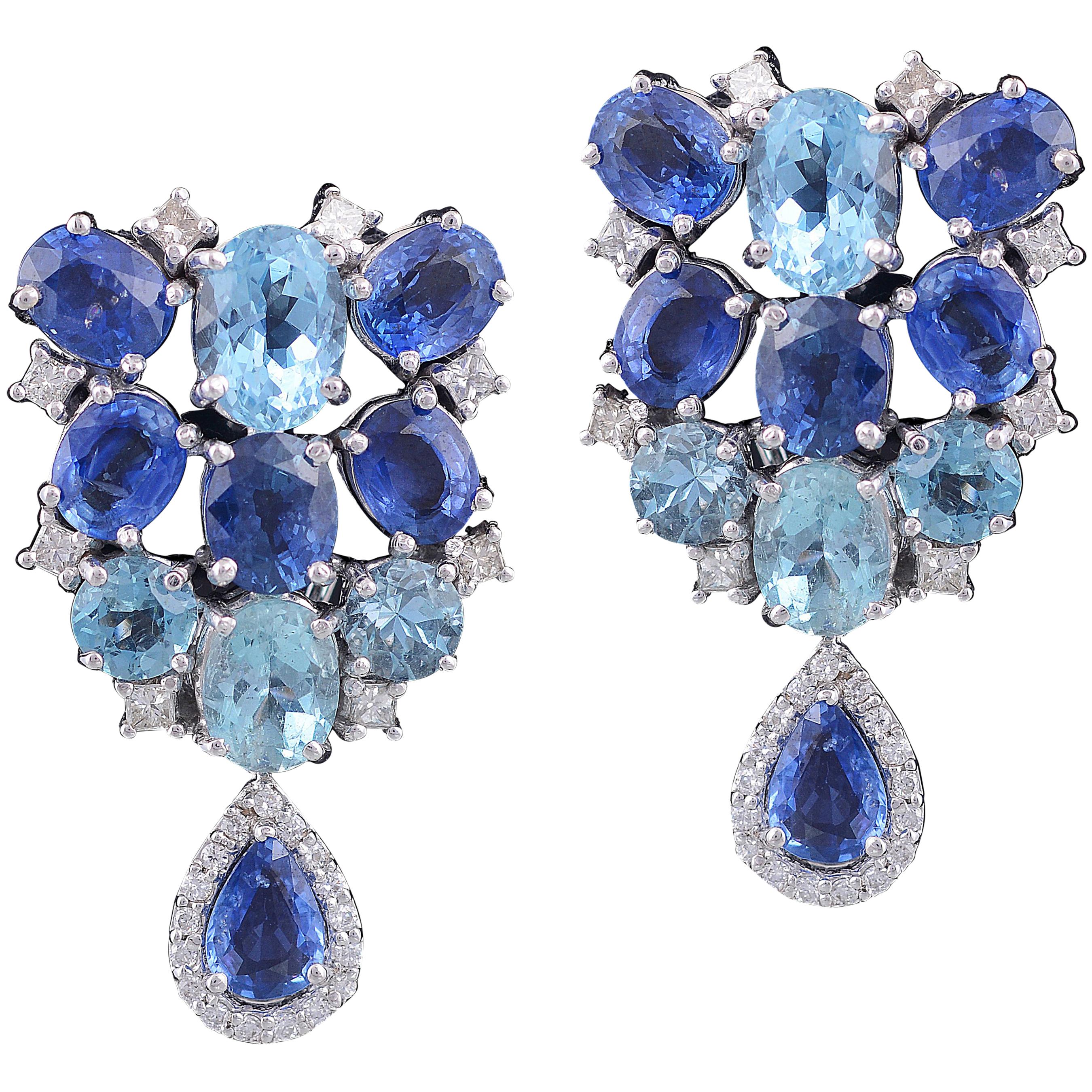 Aquamarine and Ceylon Blue Sapphire Earrings in 18 Karat White Gold