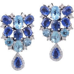 Aquamarine and Ceylon Blue Sapphire Earrings in 18 Karat White Gold