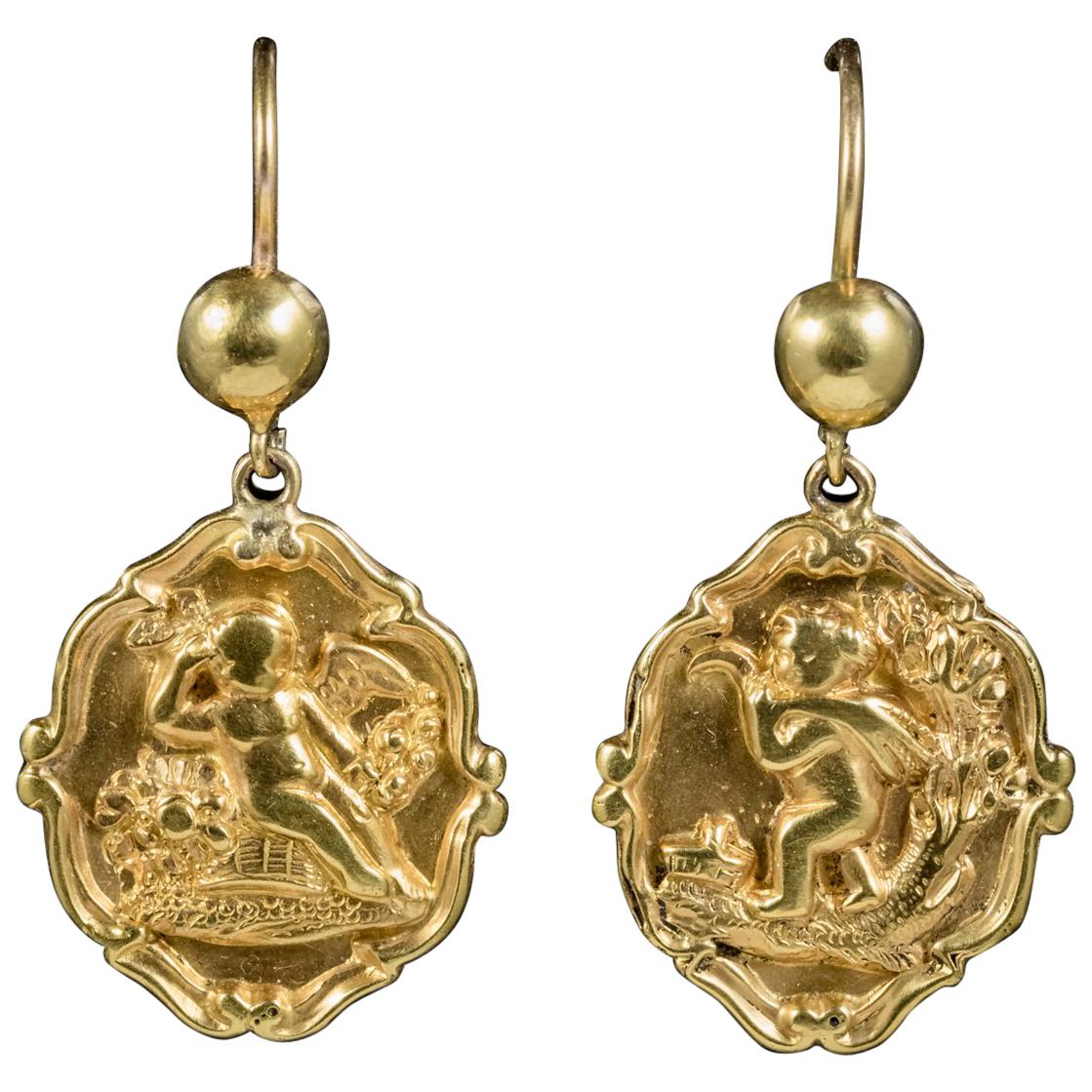 Antique Victorian 18 Carat Gold Cherub Drop Earrings, circa 1900