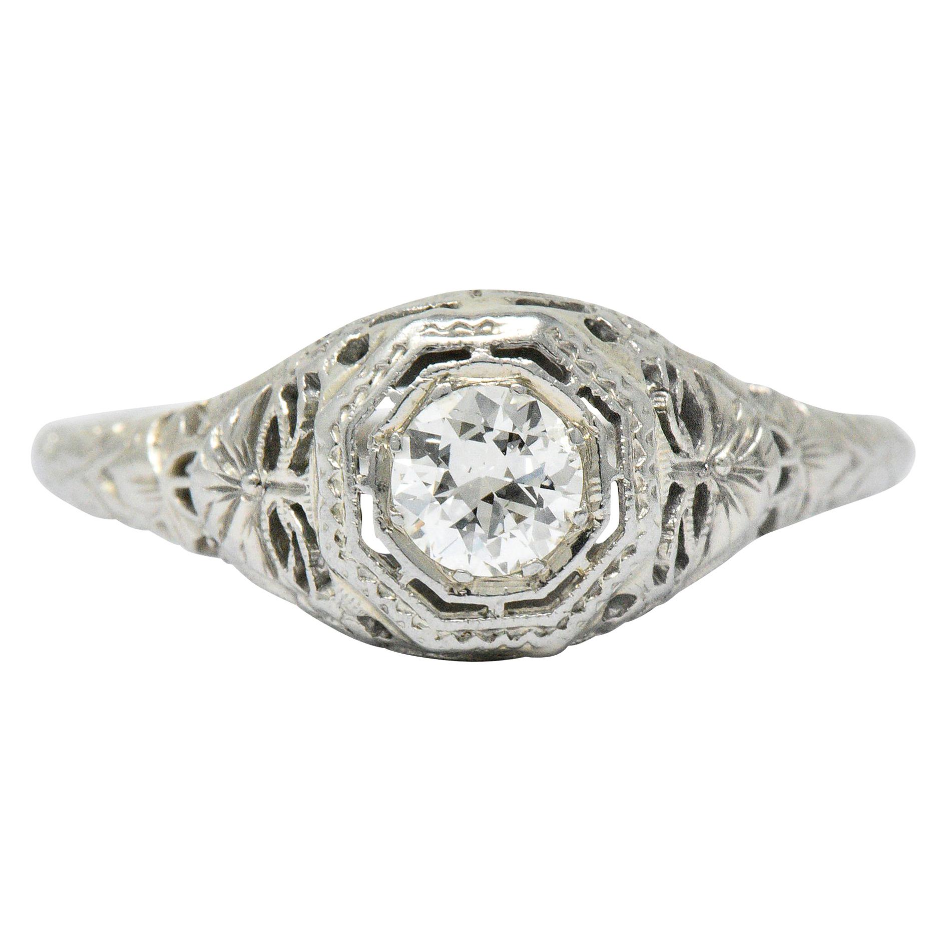 Art Deco 0.35 CTW Diamond 14 Karat White Gold Foliate Engagement Ring 