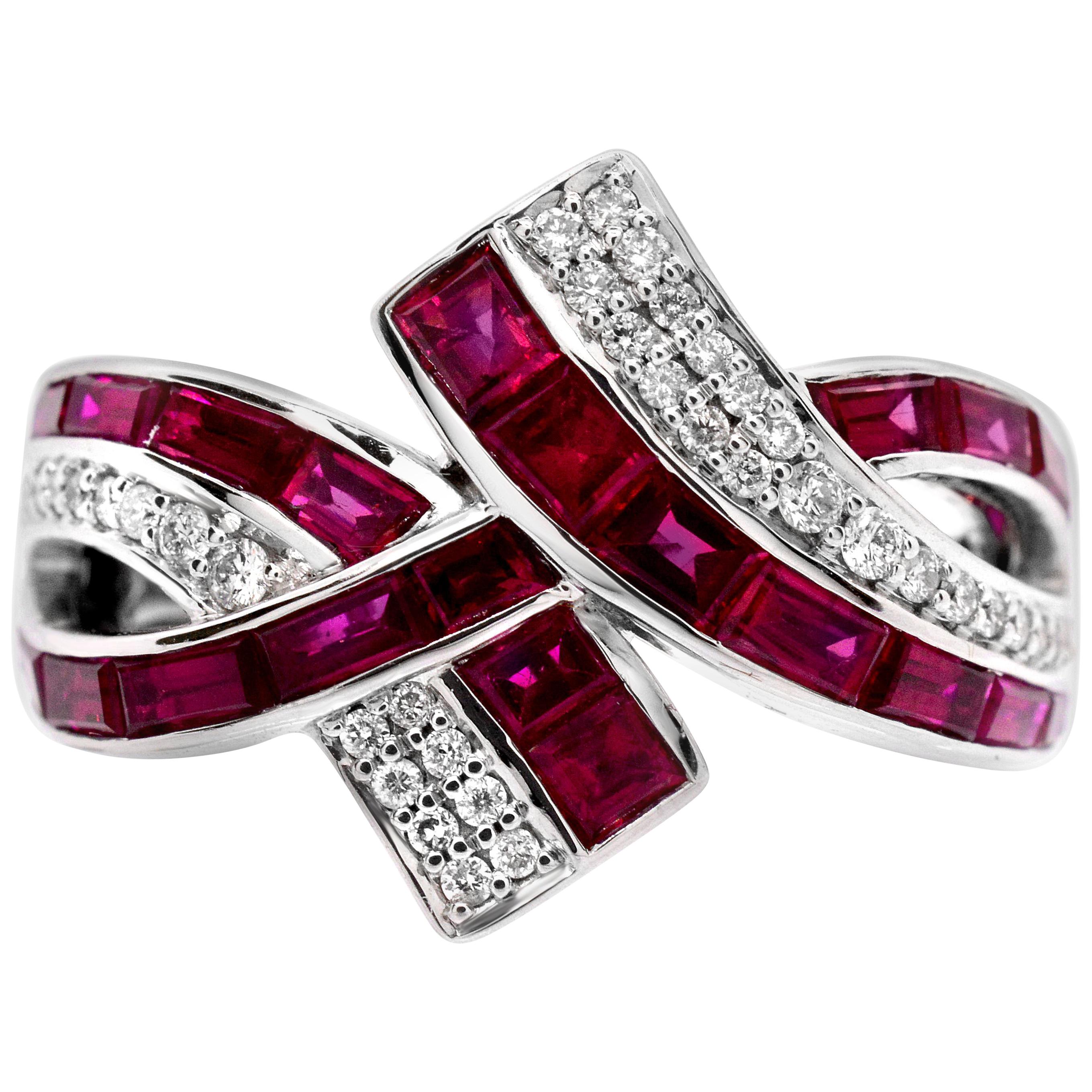 Ruby Baguettes and Diamond 14 Karat White Gold Bypass Cocktail Ring For Sale