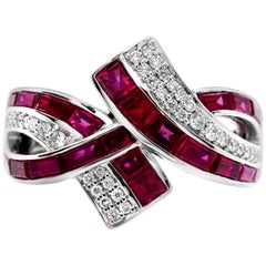 Ruby Baguettes and Diamond 14 Karat White Gold Bypass Cocktail Ring