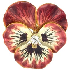 Vintage 14 Karat Enamel and Diamond Pansy Flower Pendant Brooch