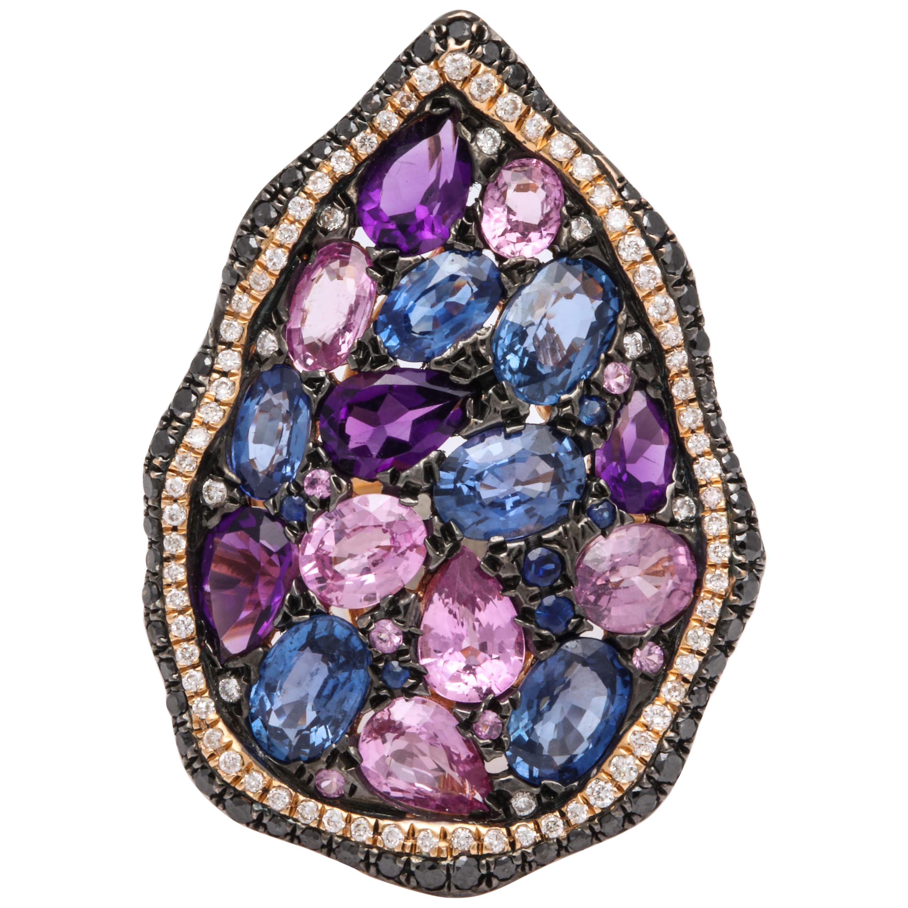 Blue Sapphire, Pink Sapphire, Amethyst, Black Diamond and Diamond Cocktail Ring
