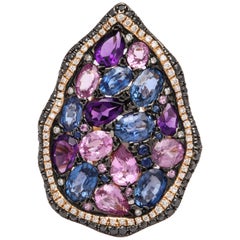 Blue Sapphire, Pink Sapphire, Amethyst, Black Diamond and Diamond Cocktail Ring