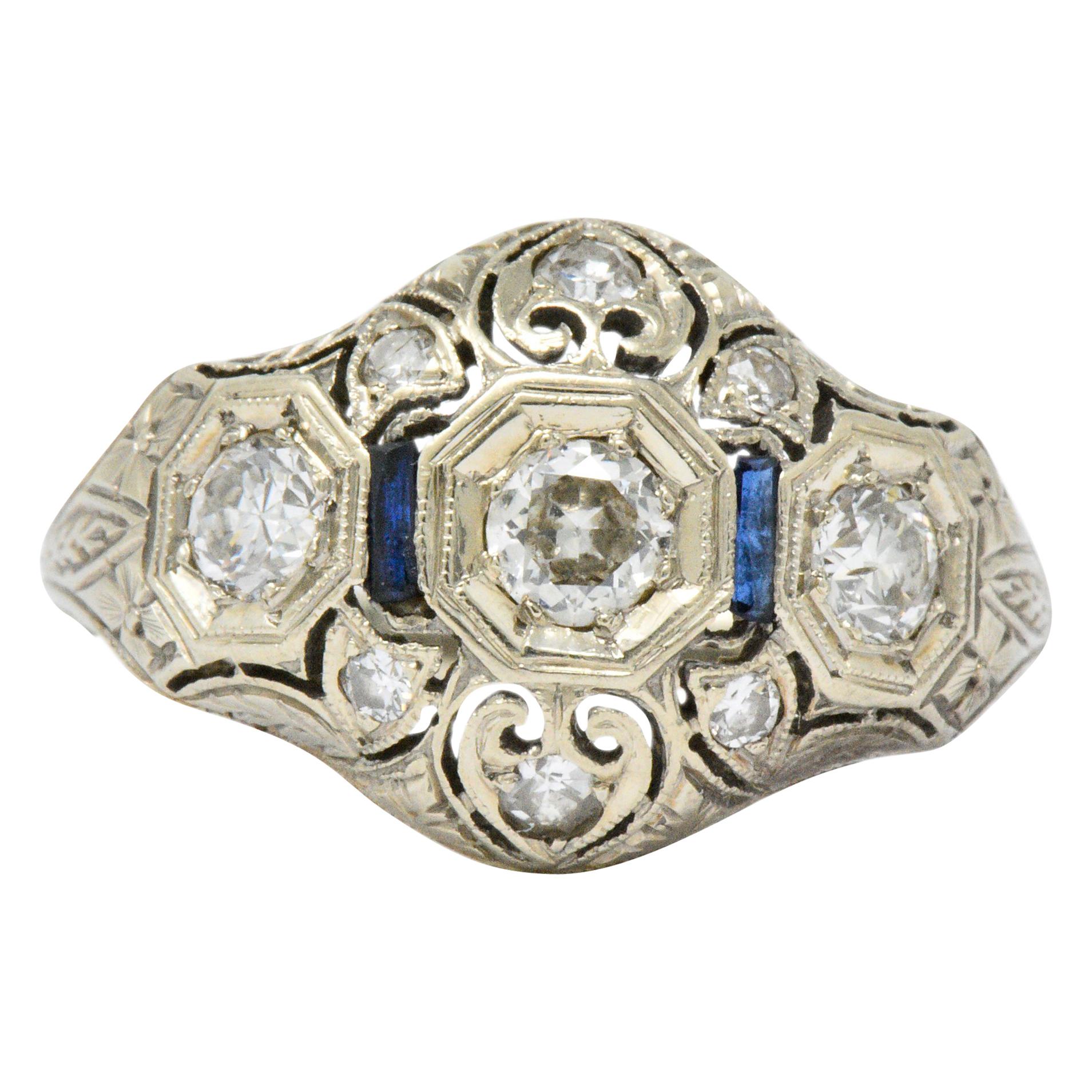 Art Deco 0.60 Carat Diamond Sapphire 18 Karat White Gold Ring