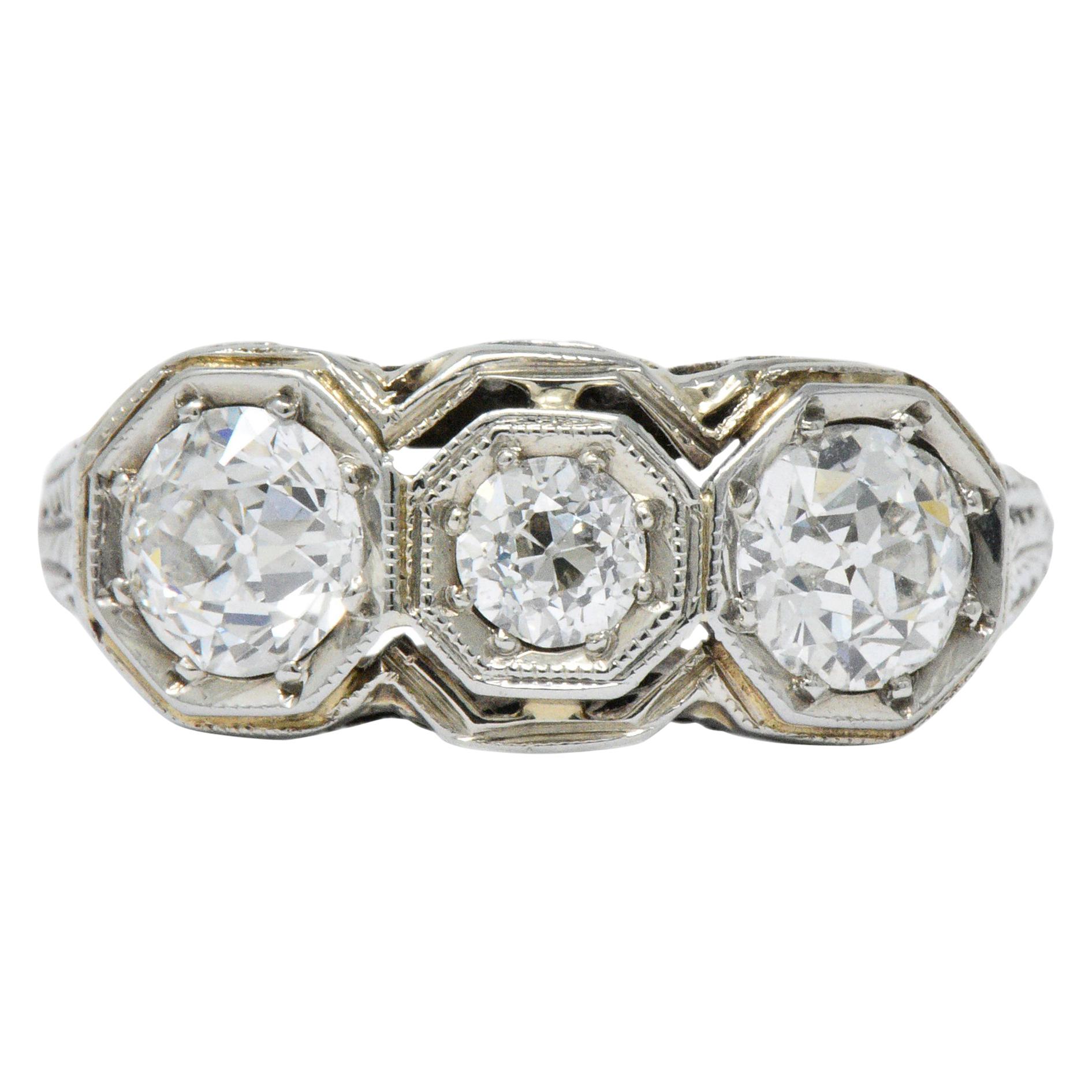 Art Deco 1.20 Carat Diamond 18 Karat White Gold 3-Stone Ring