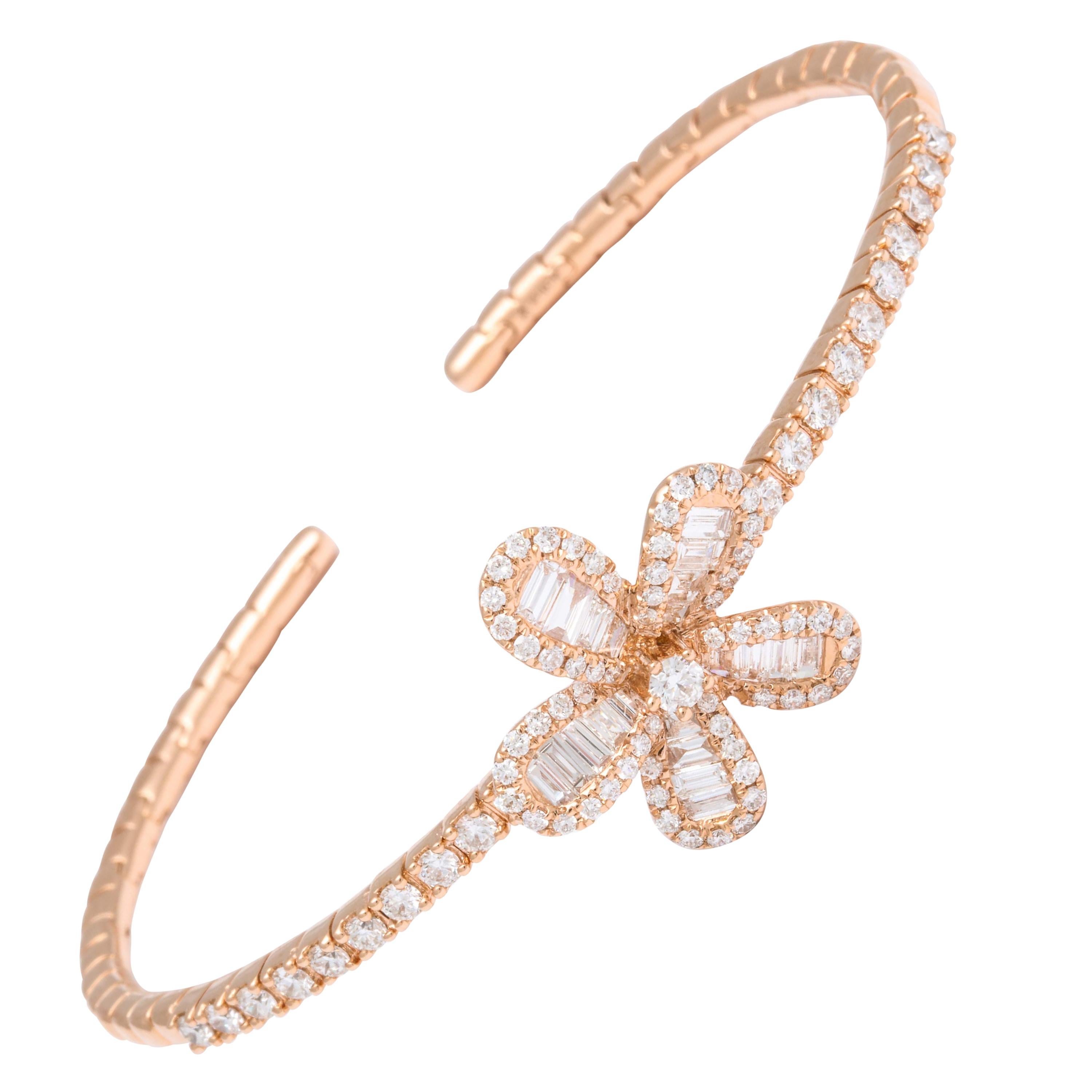 Diamond Baguette and Rose Gold Floral Charm Clip Bracelet For Sale