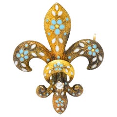 Krementz Victorian Diamond Enamel 14 Karat Gold Fleur-De-Lis Pin Brooch