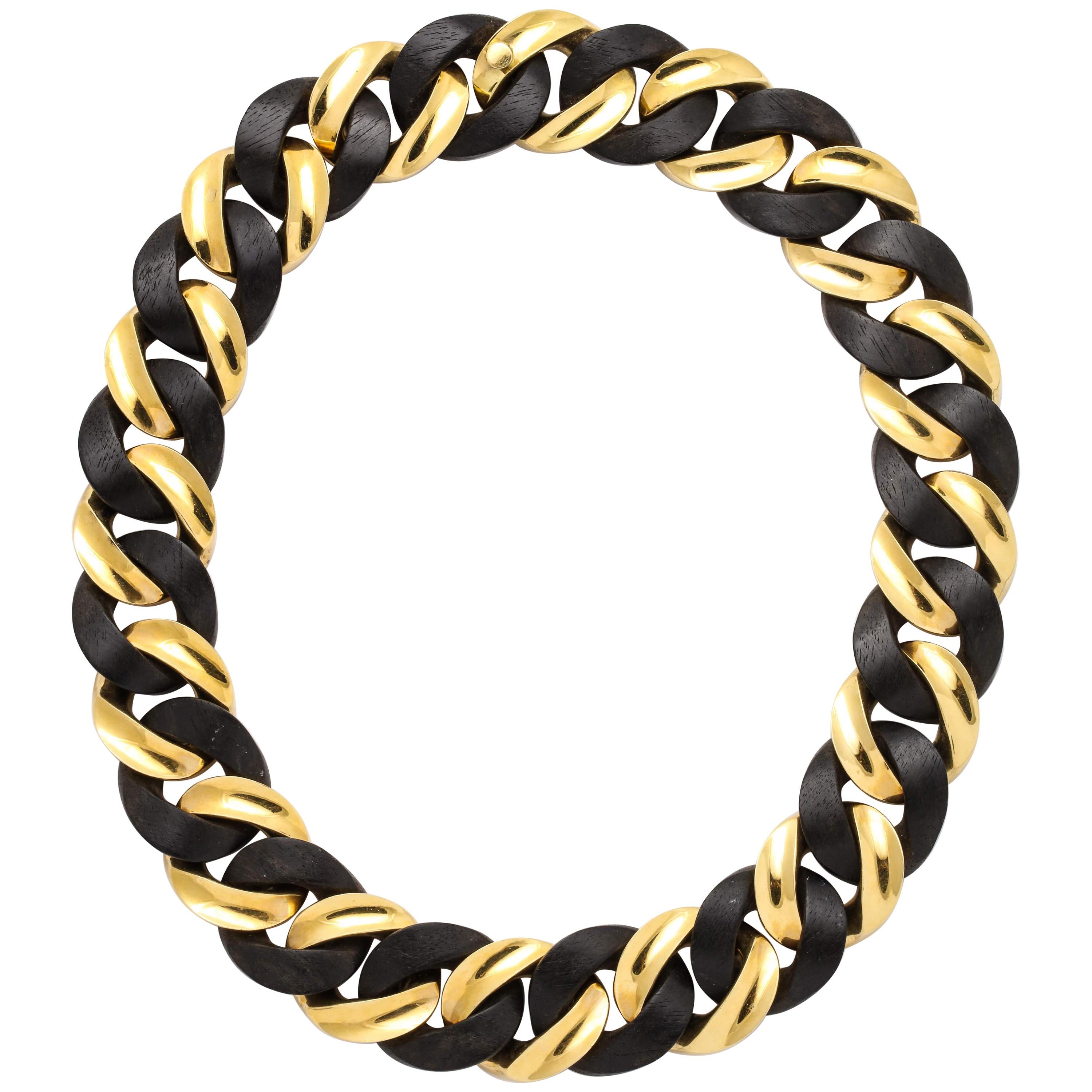 Yellow Gold and Ebony Wood Curb-Link Necklace For Sale