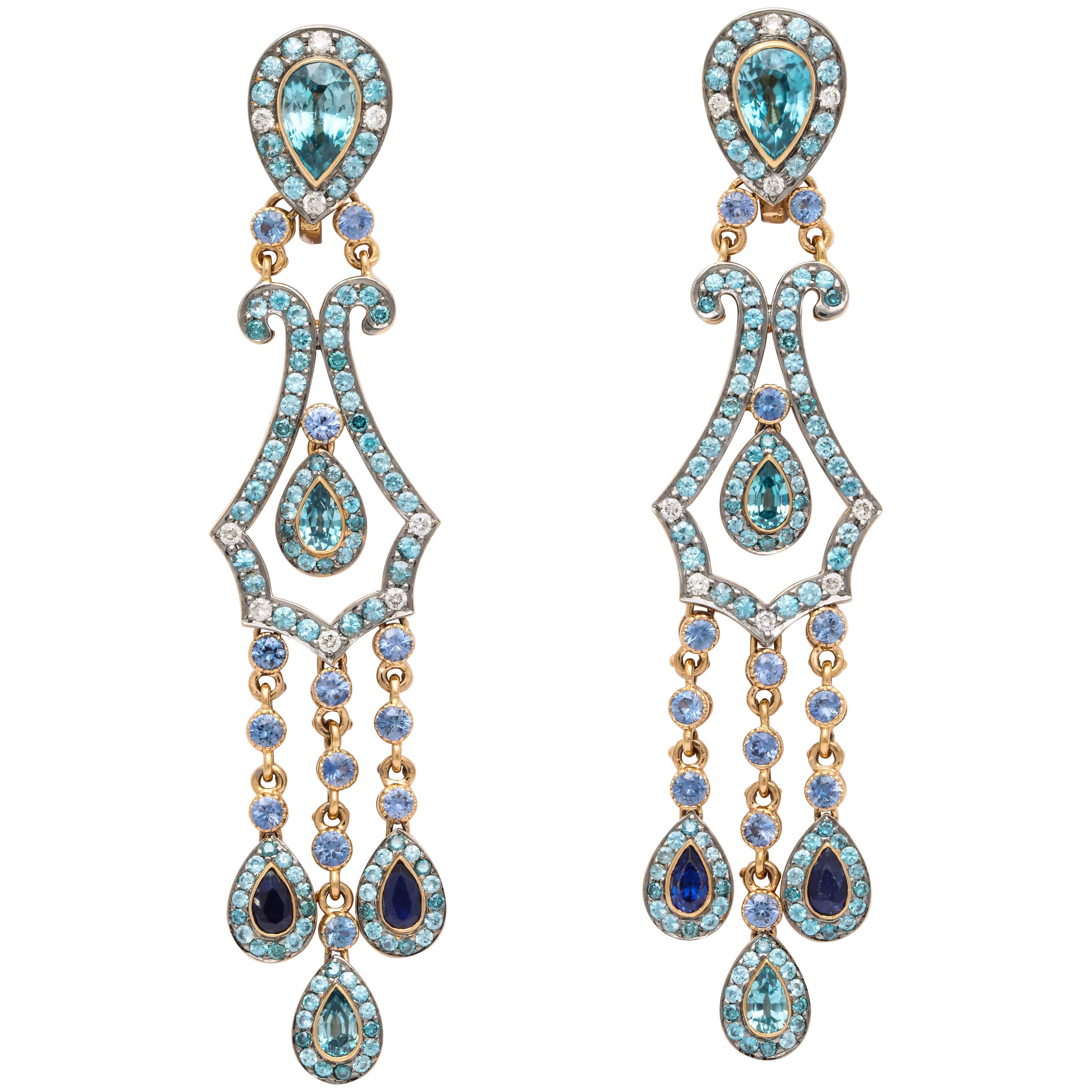 Blue Zircon, Sapphire, Diamond and Yellow Gold Chandelier Earrings For Sale