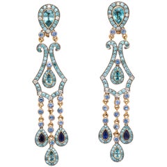 Blue Zircon, Sapphire, Diamond and Yellow Gold Chandelier Earrings