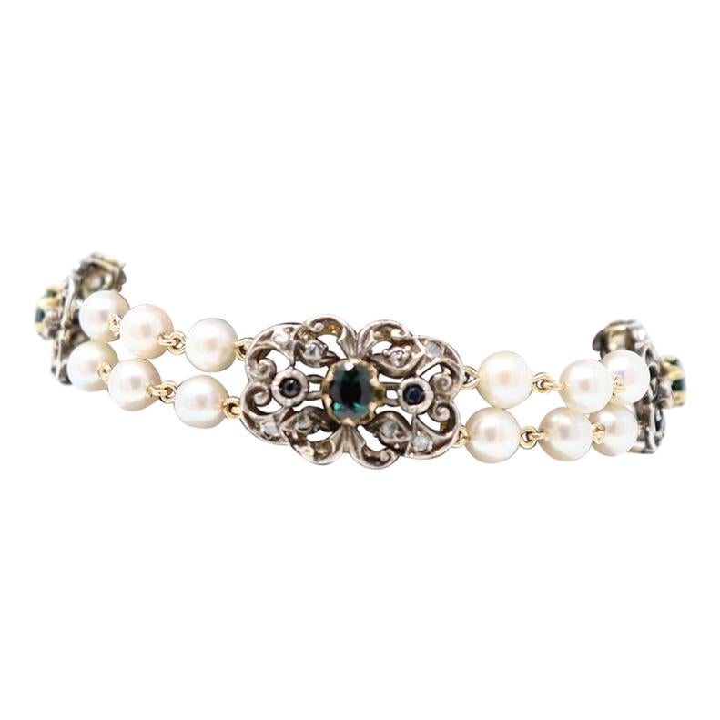 Bracelet Two Strands of Pearl, Gold and Silver, Sapphires and Diamonds, 1980 For Sale