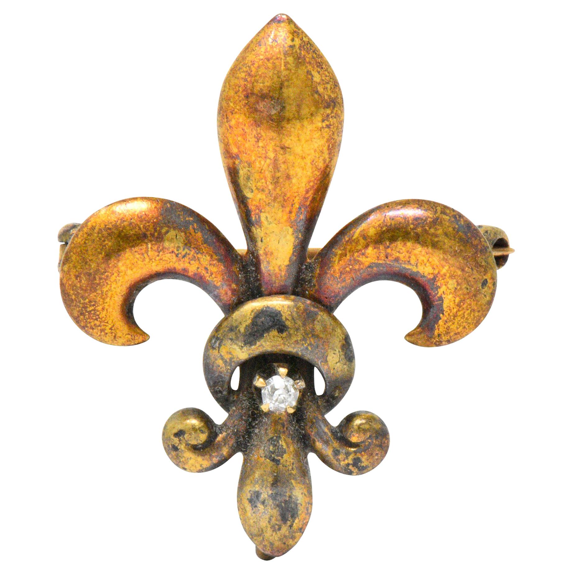 Krementz Victorian Diamond 14 Karat Gold Fleur-de-Lis Pin Brooch