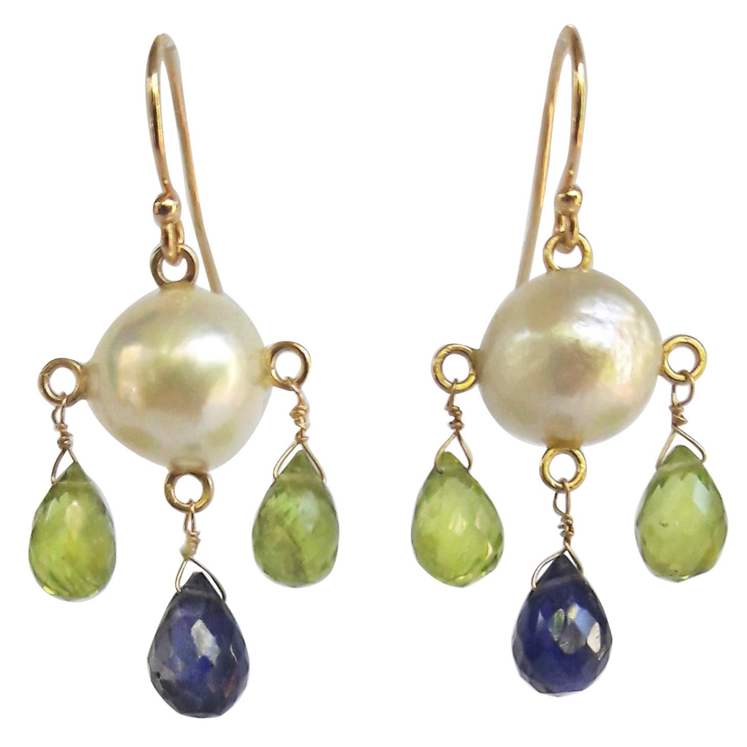 Marina J White Pearl Earrings with Iolite and Peridot Brioletts  and 14 K Gold 