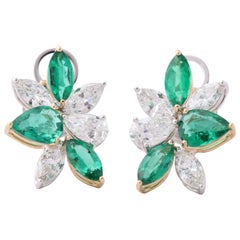 Green Emerald and Diamond Cluster Earrings