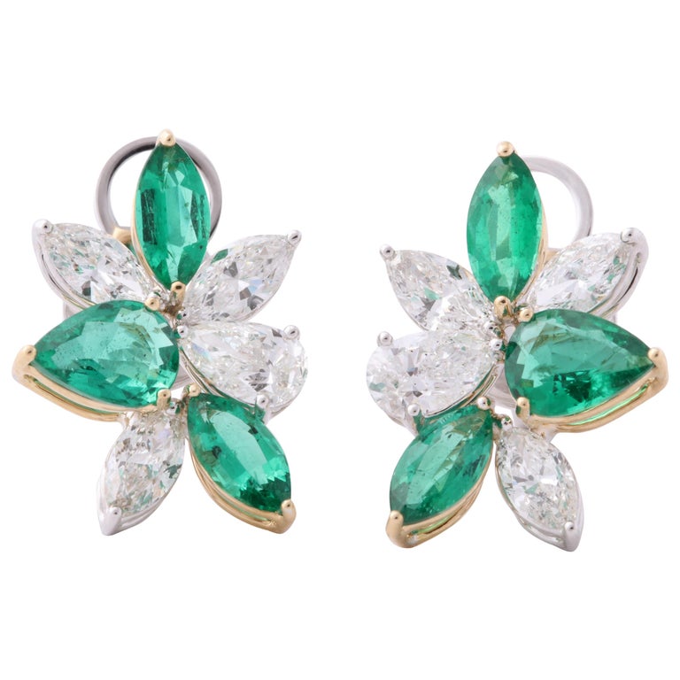 Green Emerald and Diamond Cluster Earrings For Sale at 1stDibs