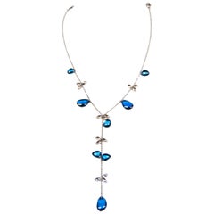 Blue London Topaz Drop Necklace in 18 Karat Gold, 8 Cabouchon Shape Topazes