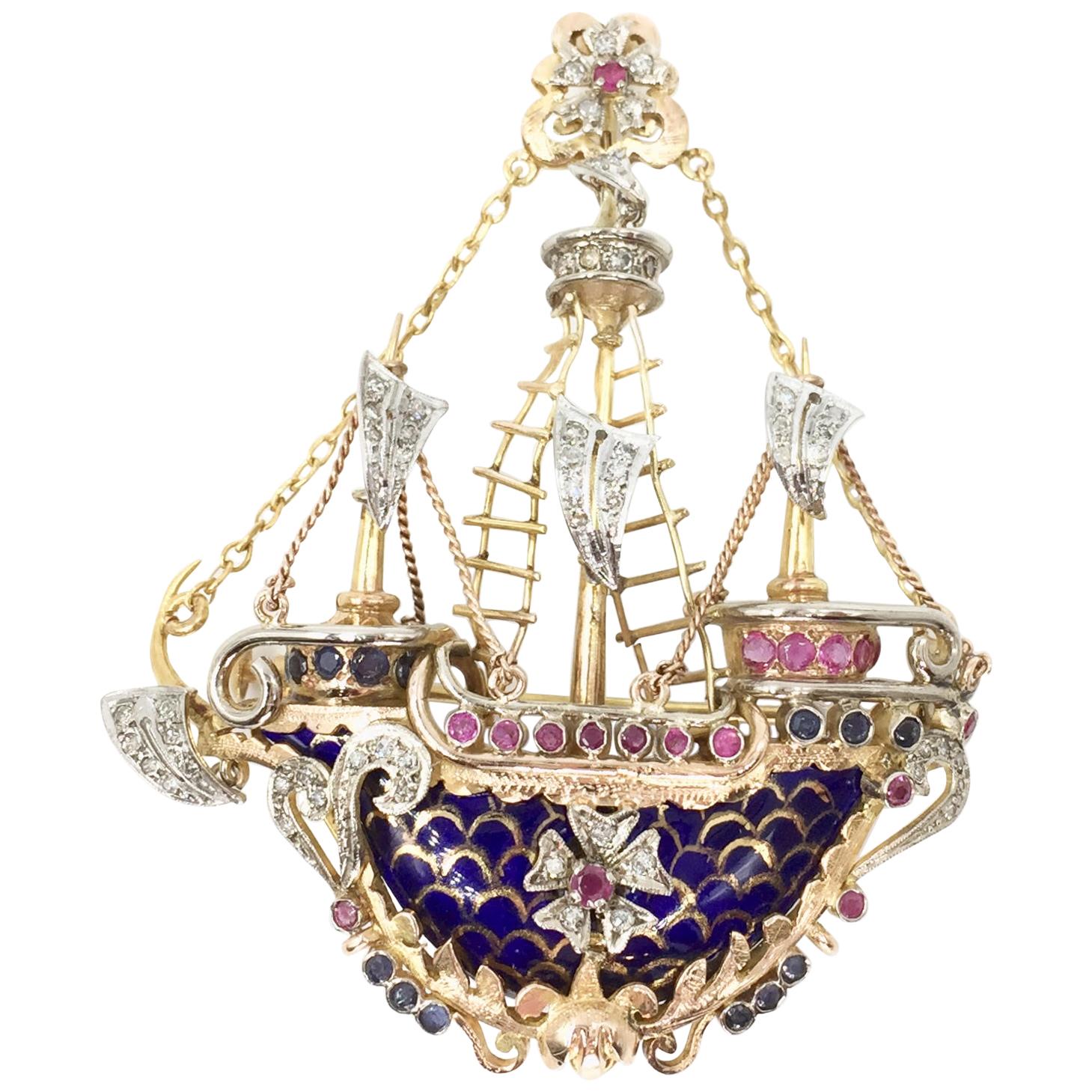 Vintage 14 Karat Enamel Diamond and Sapphire Ship Pendant Brooch