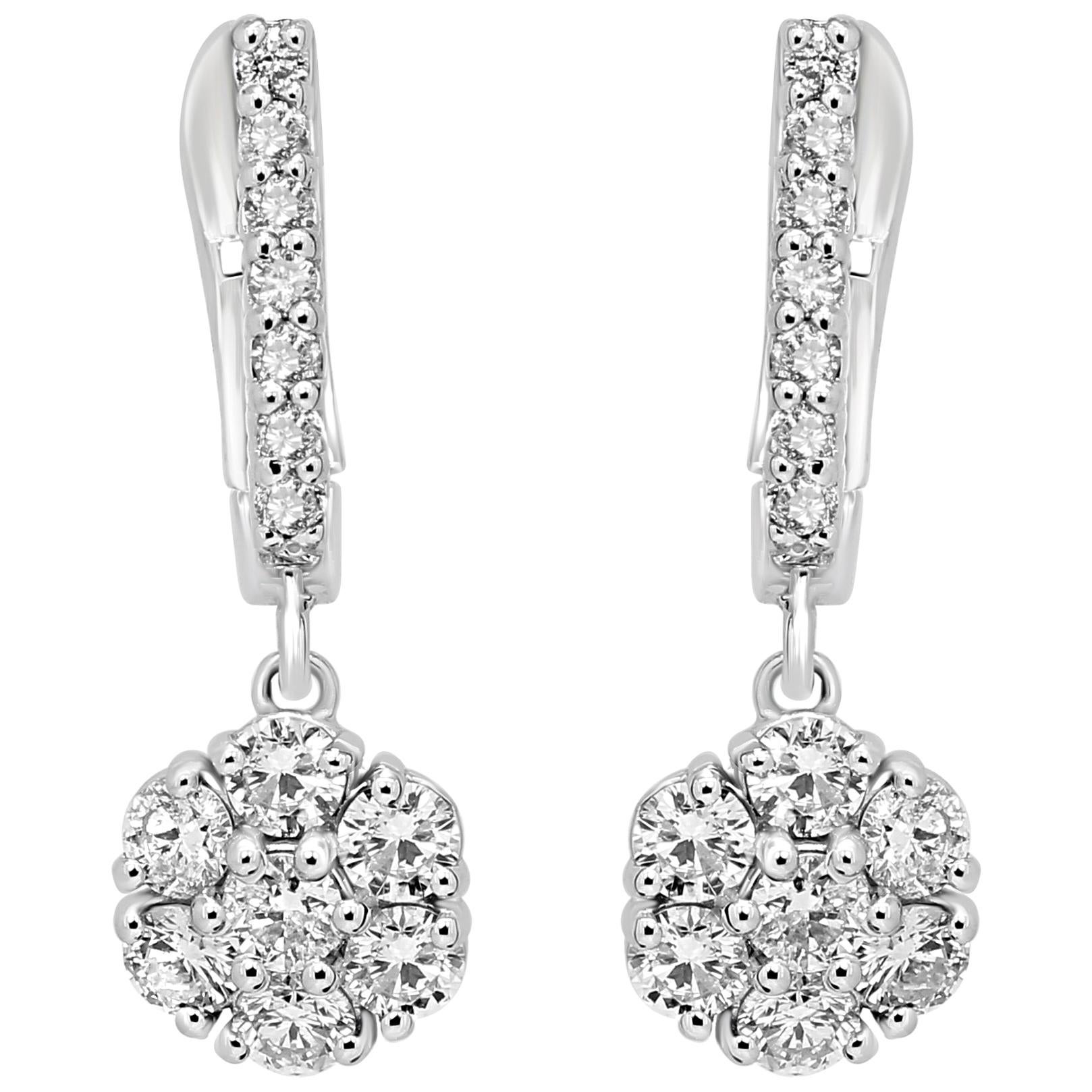 White Diamond Rounds Gold Cluster Dangling Clip-On Earring
