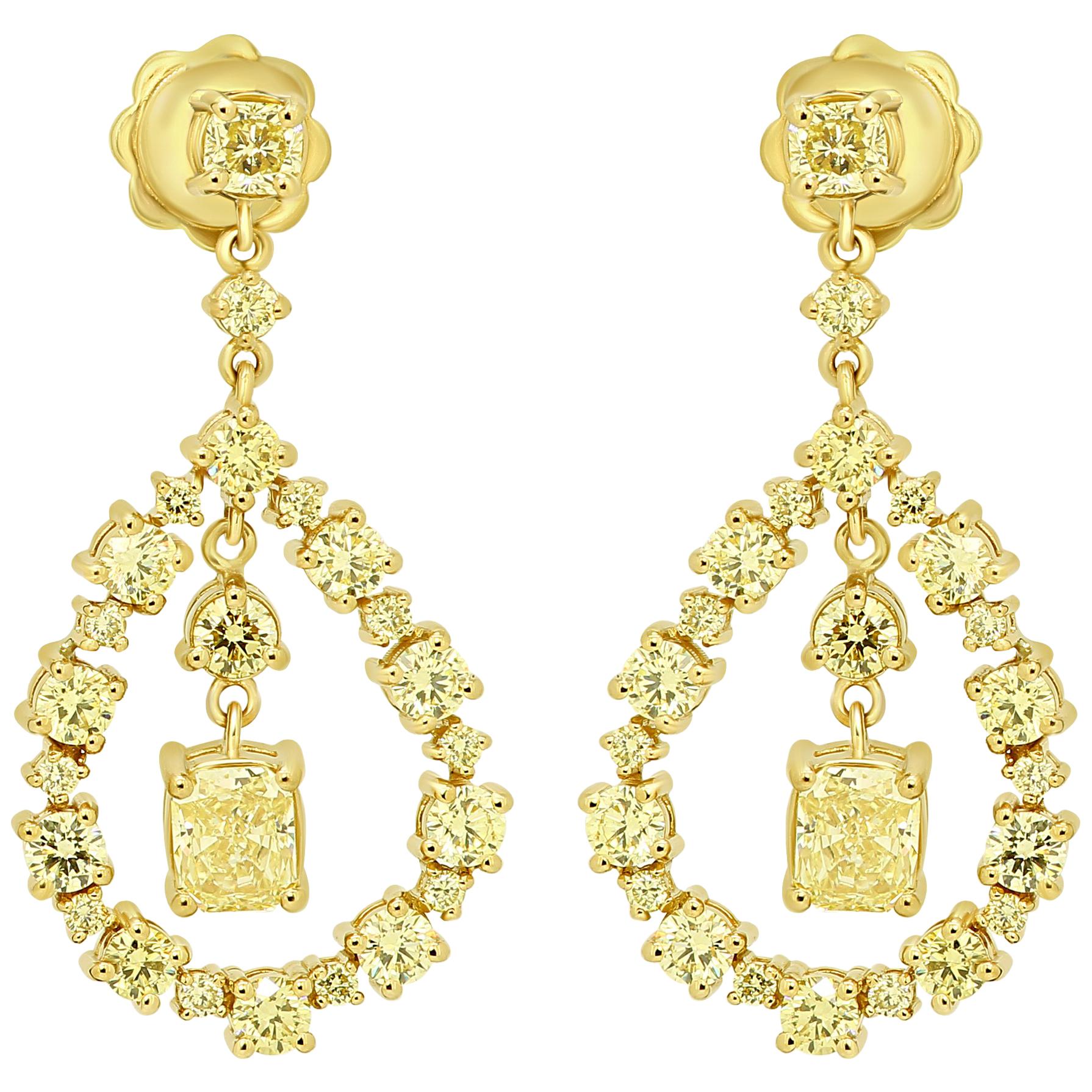 Natural Fancy Yellow Diamond Radiant and Round Yellow Gold Drop Earring