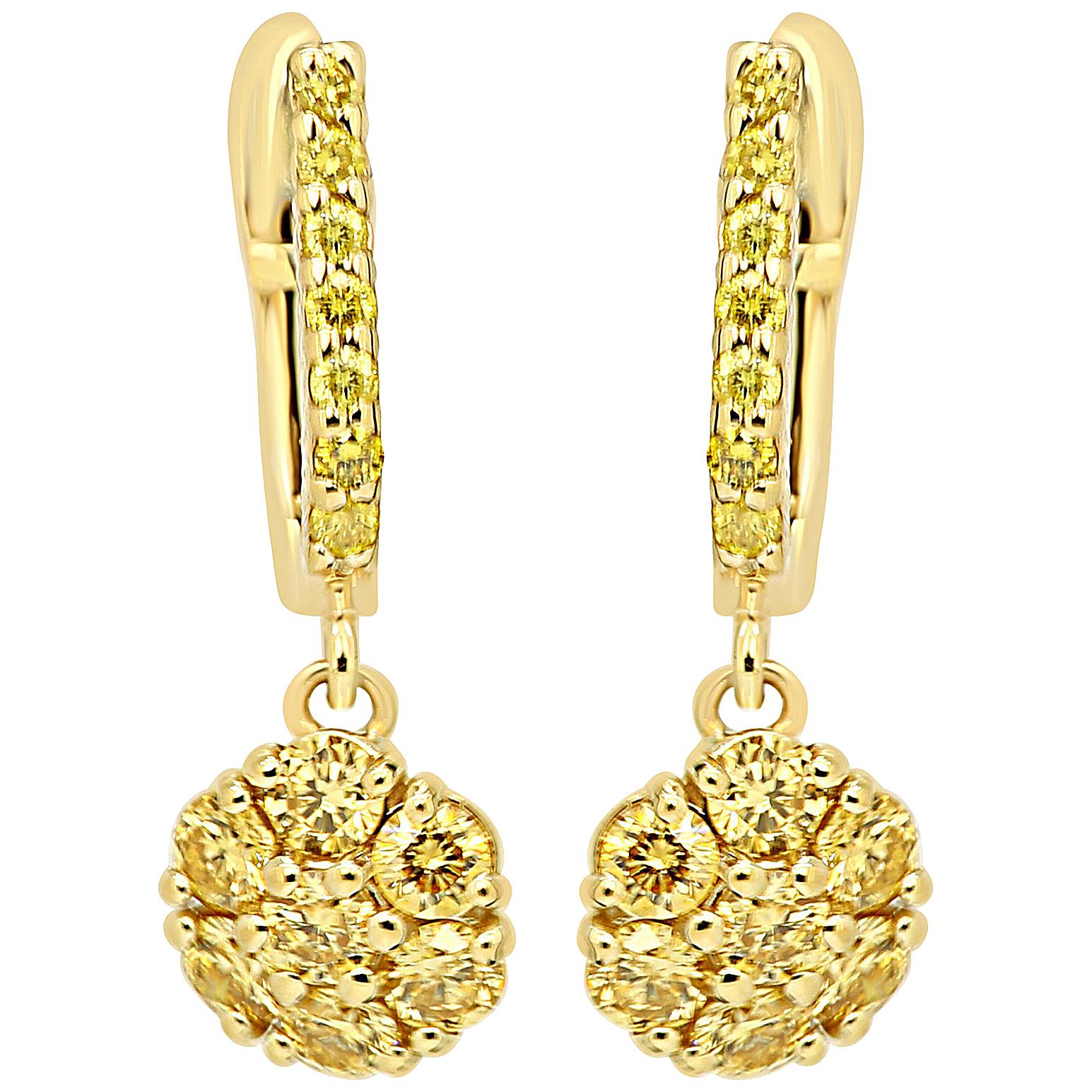 Natural Fancy Yellow Diamond Rounds Gold Cluster Clip on Dangle Earring