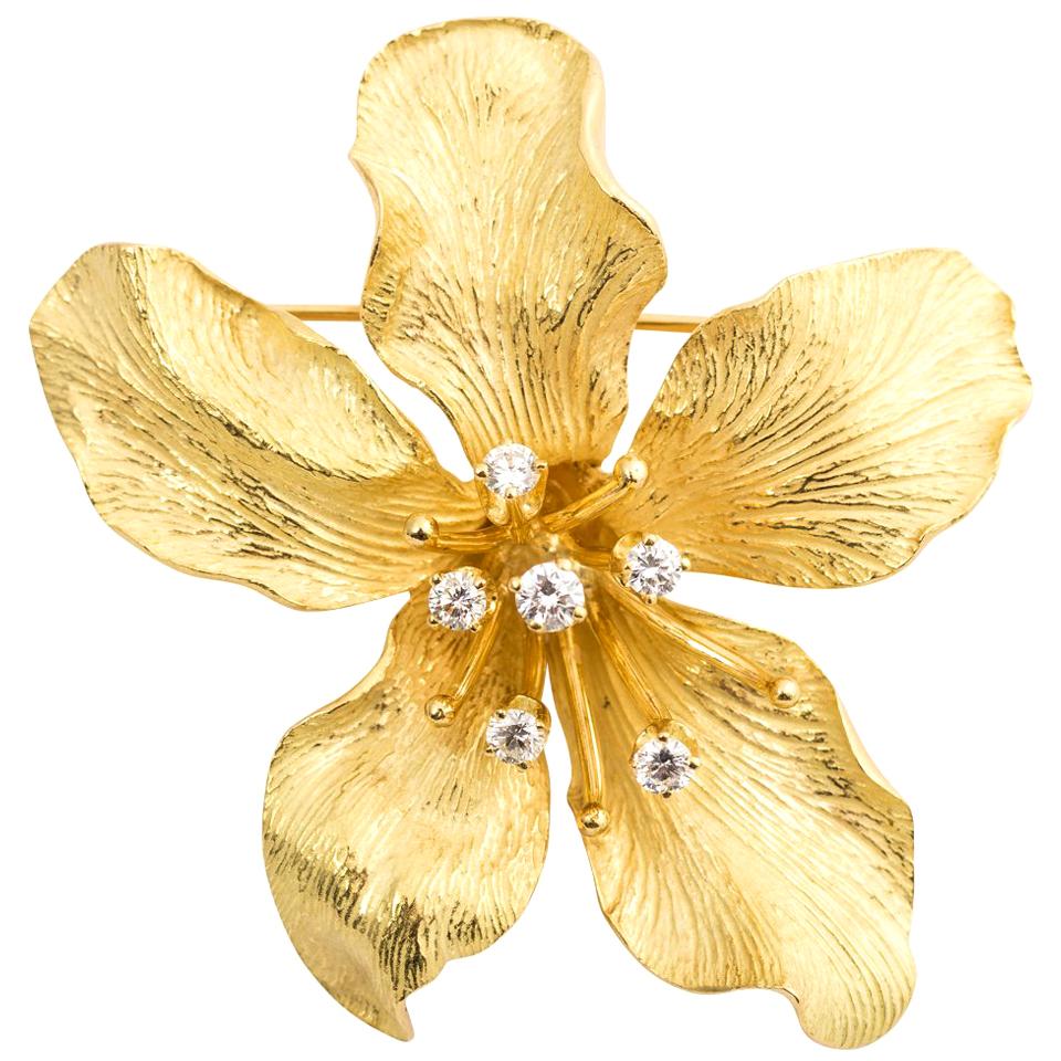 Tiffany & Co. 18 Karat Yellow Gold Diamond Sculpture Orchid Brooch Pin