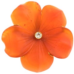 English 18 Karat Yellow Gold Carved Frosted Carnelian Diamond Pendant Slide