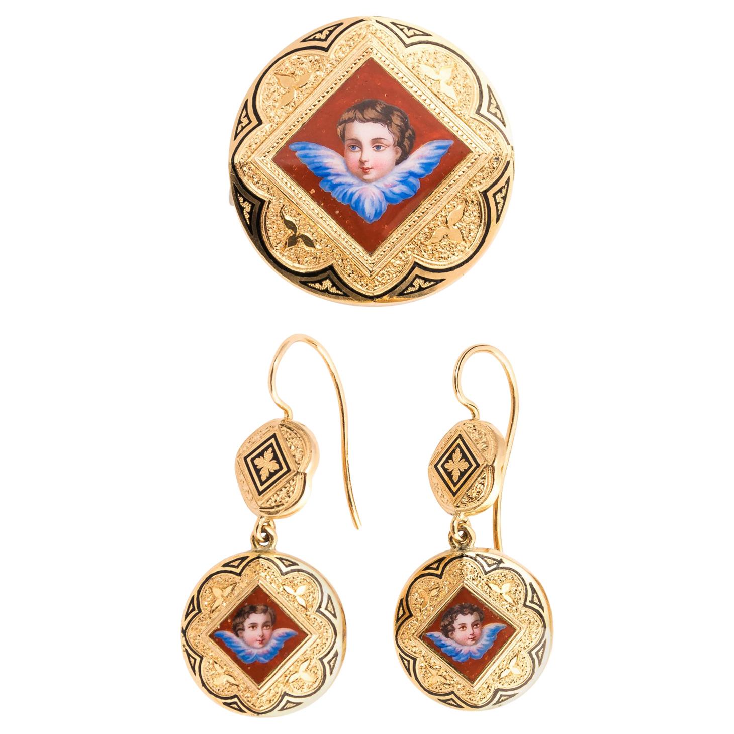 Set of 18K Gold and Enamel Antique Brooch and Earrings For Sale