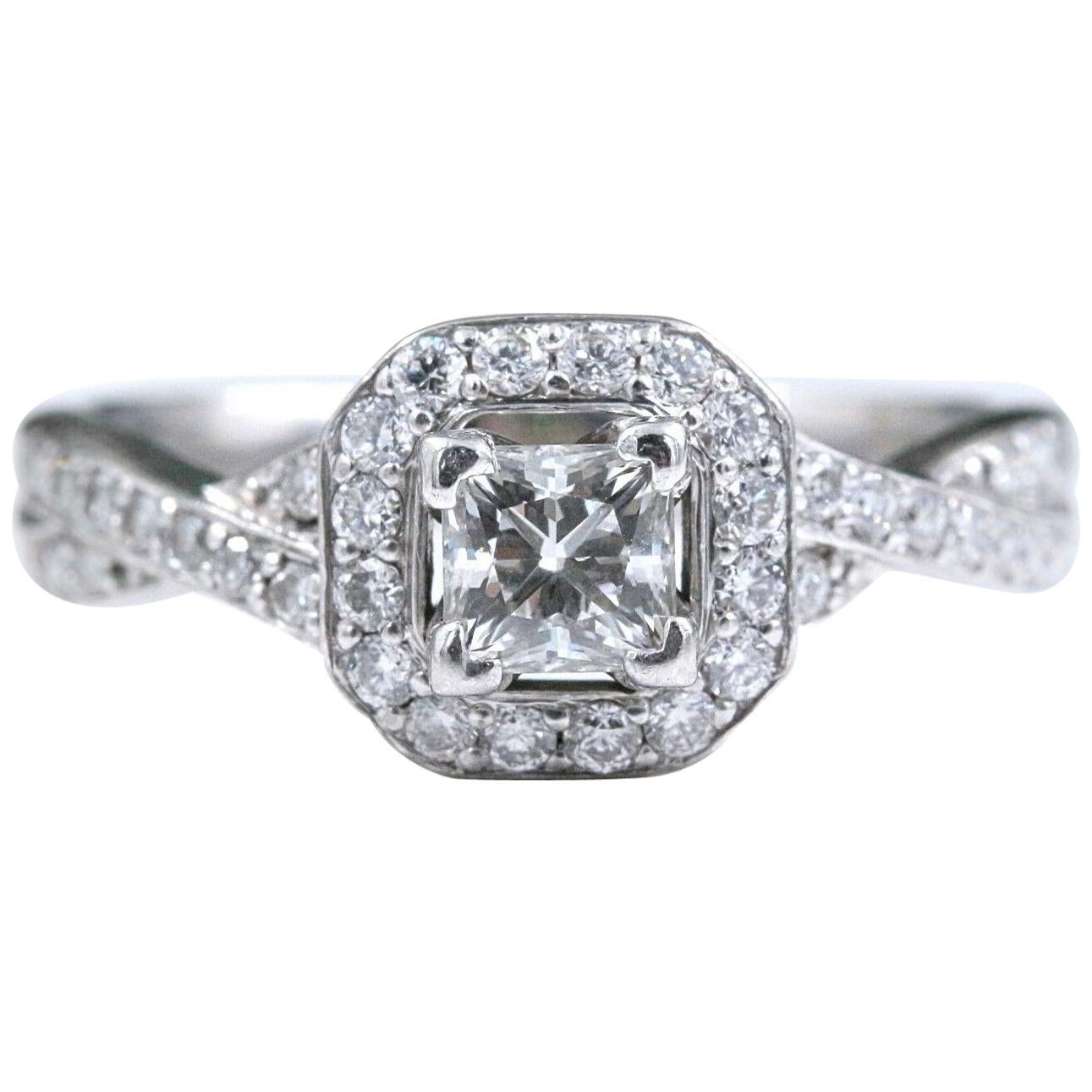 Princess Halo Twisted Diamond Engagement Ring 14 Karat White Gold 1 Carat For Sale