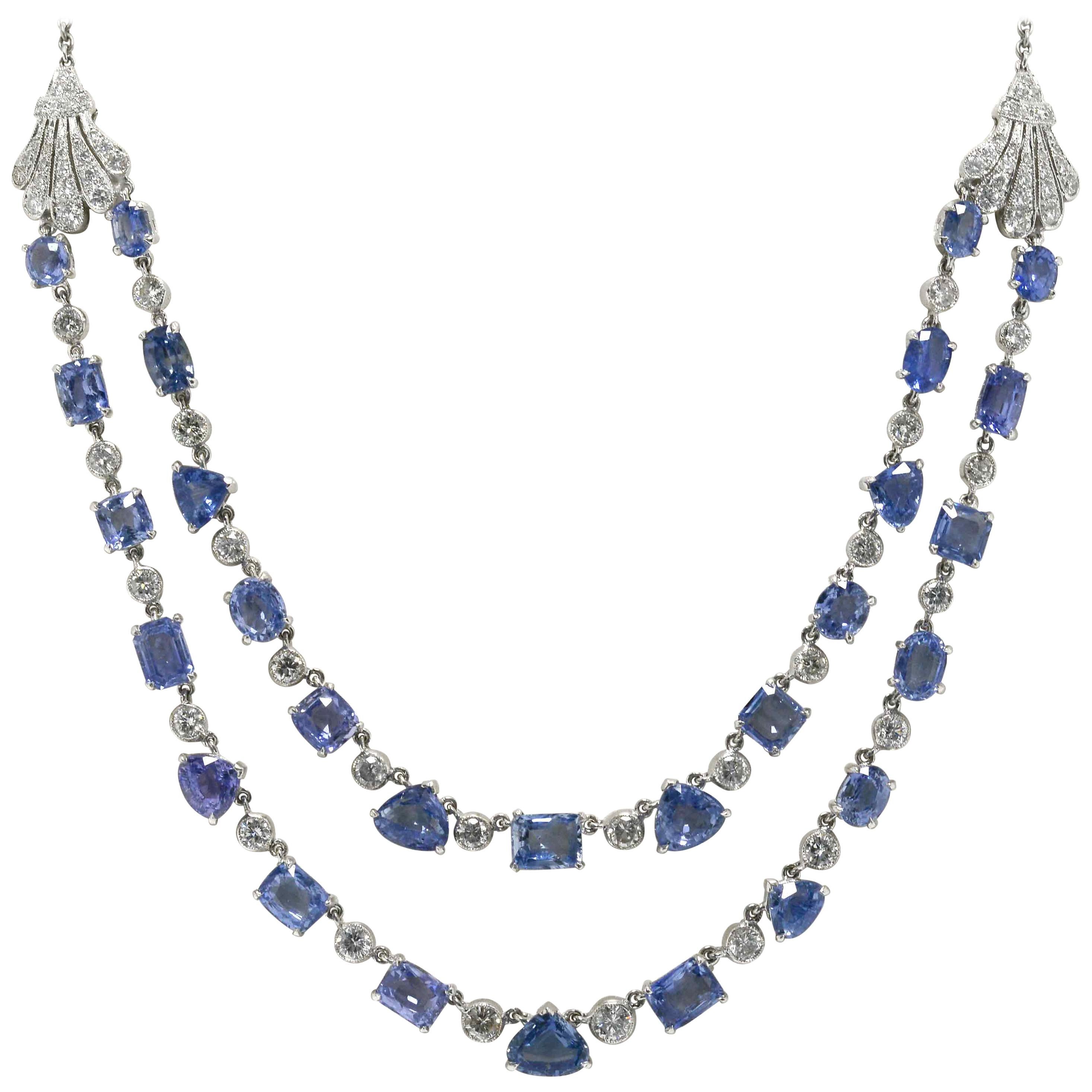 Art Deco Style 40 Carat Certified Natural Blue Sapphire Diamond Bib Necklace
