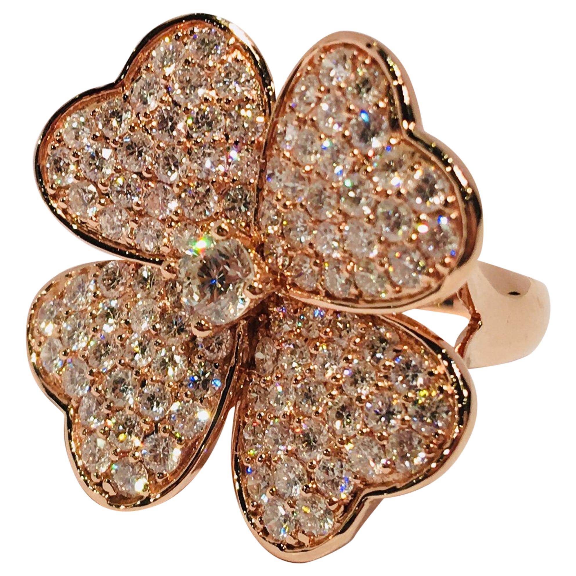 Großer Shamrock-Ring aus Roségold mit 4 Blättern Kleeblatt und 3,33 Karat Diamant