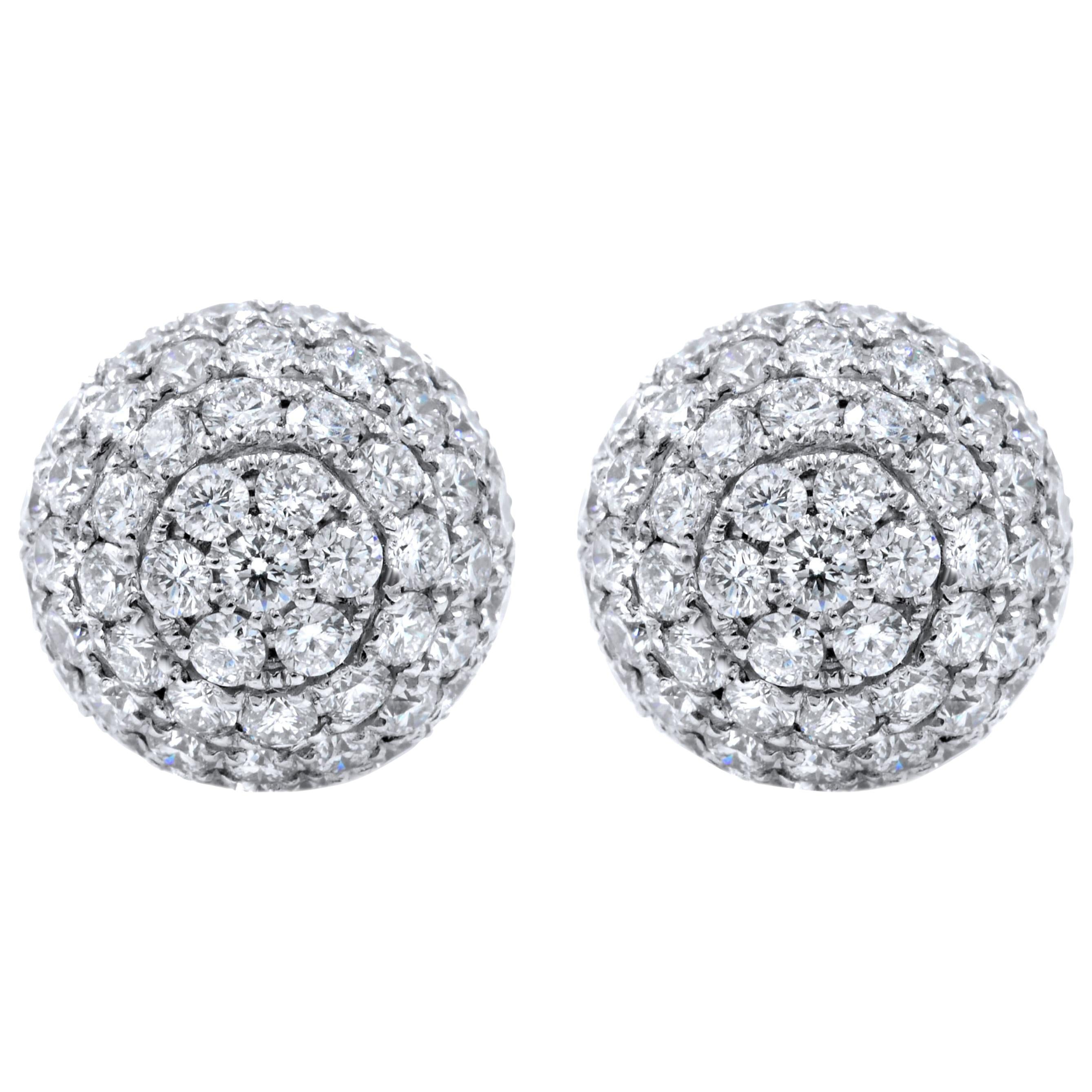 Round Diamond Pave Stud Ball Earrings 6.62 Carat in 18 Karat White Gold