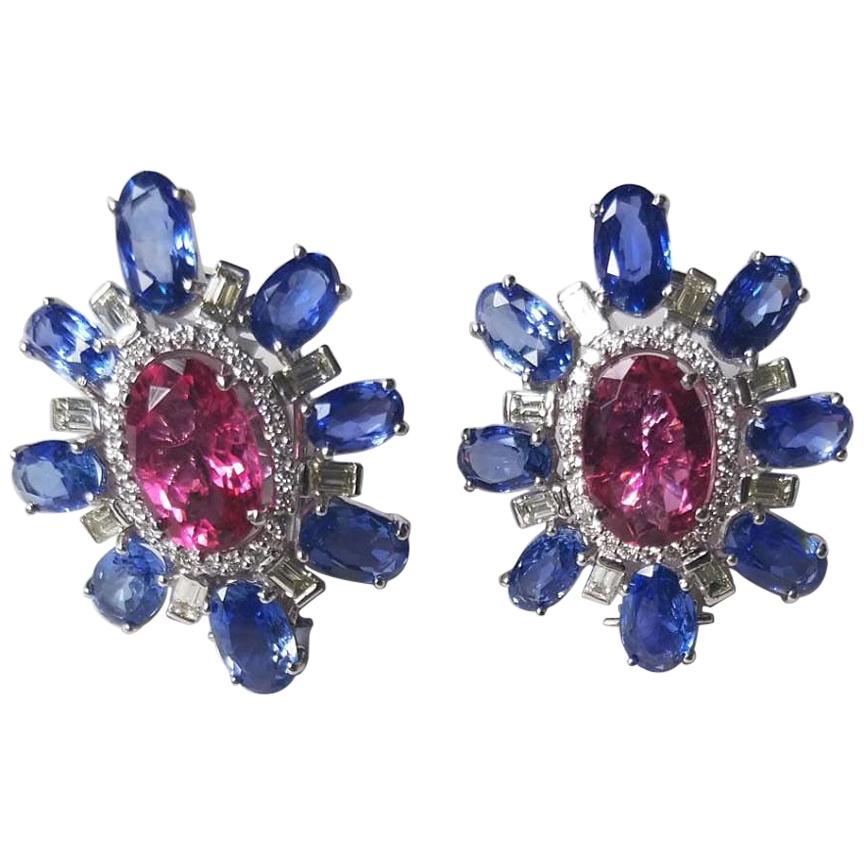 Set in 18 Karat Gold, Pink Tourmaline, Blue Sapphire and Diamond Stud Earrings