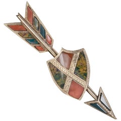 Antique Victorian Scottish Agate Arrow And Shield Brooch 18ct Gold Circa 1860