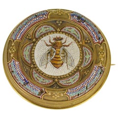 1870s Egyptian Revival Honey Bee Micro Mosaic Gold Brooch