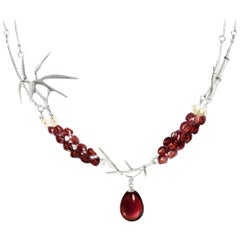 14 Karat White Gold Bamboo Contemporary Necklace with Garnets and Pearls 