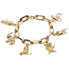 Beautiful Charm Bracelet with Six Pendants, 14k Solid Gold, Diamonds, Sapphires