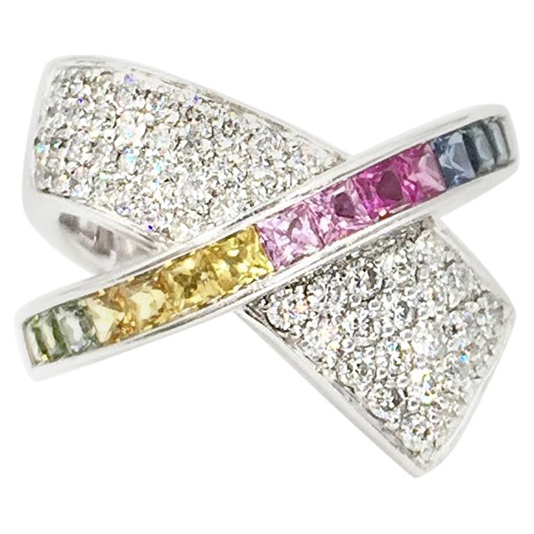 White Gold Diamond and Multicolored Sapphire Crossover Ring