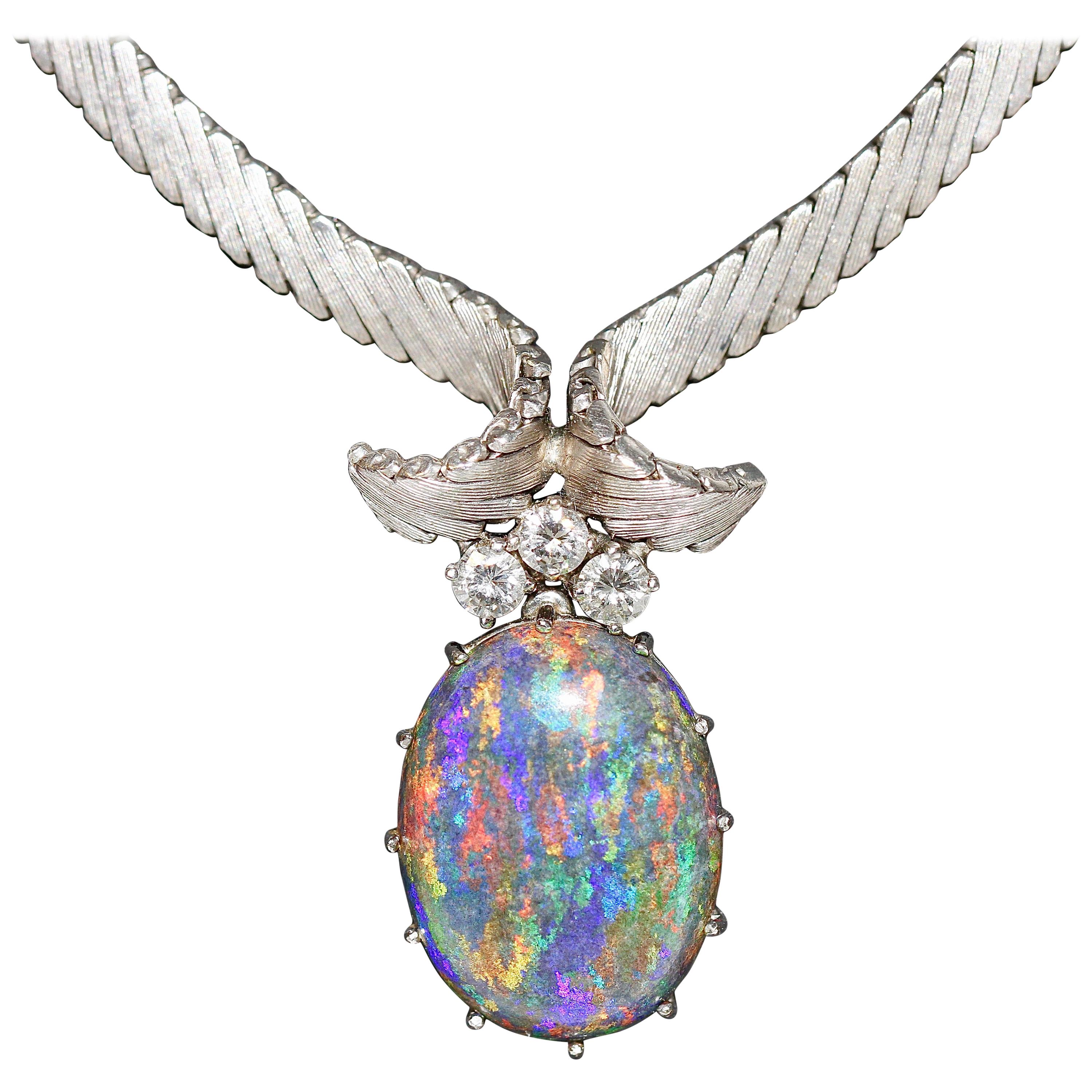 Magnificent 18 Karat White Gold Necklace with Australian Opal and Diamonds For Sale