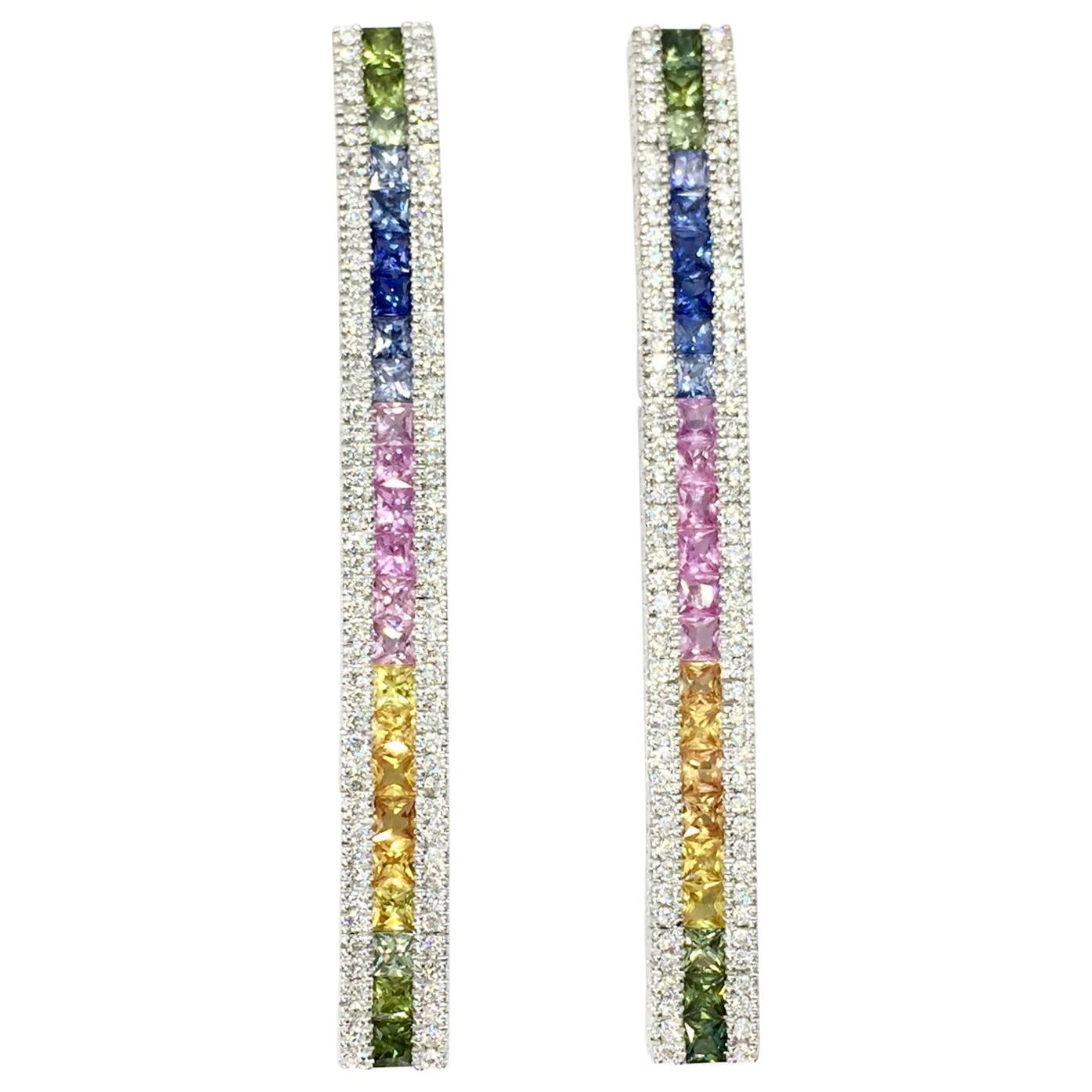White Gold Diamond and Multicolored Sapphire Drop Earrings